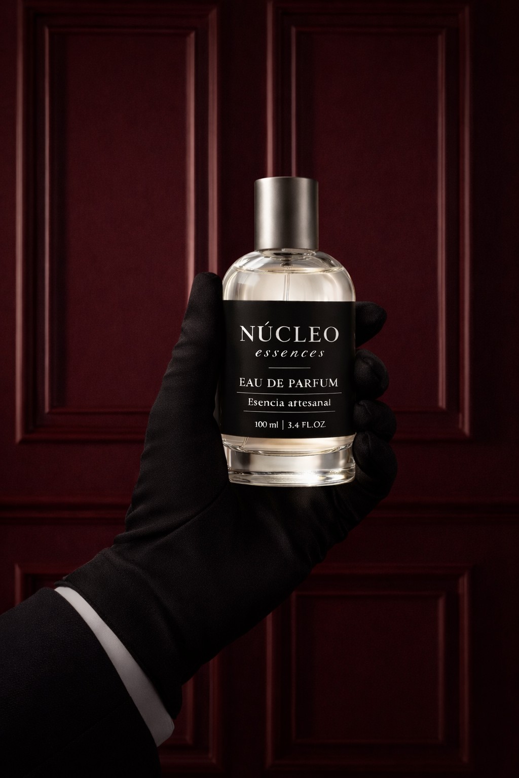Perfume NÚCLEO essences Eau de Parfum 100 ml sostenido con guante negro